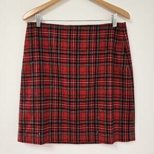 Talbots 10P Petite Skirt Red Plaid Holiday Sequins Tartan Old Money Tweed NWT